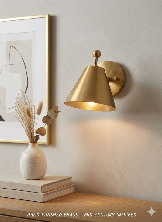 Mid-Century Brushed Brass Wall Sconce: Modern Cone Light For Home Decor & Office
