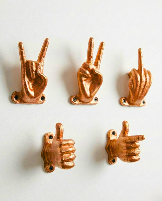 Set of 5 Gold Hand Gesture Wall Hooks - Funny Decorative Coat Hooks, Jewelry Hangers, Unique Home Decor