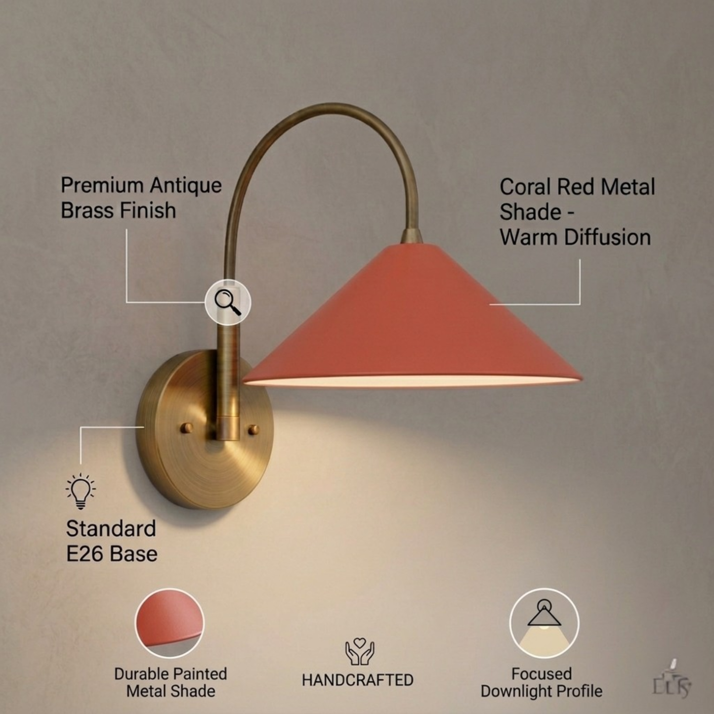 1950's Mid Century Italian Brass Diabolo Sconce, CORAL-RED Finish Lamp