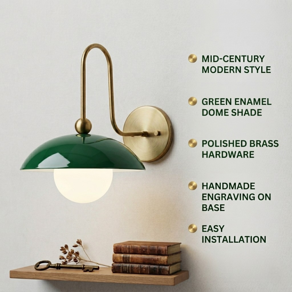 1950's Mid Century Italian Brass Diabolo Sconce, Green Finish Lamp