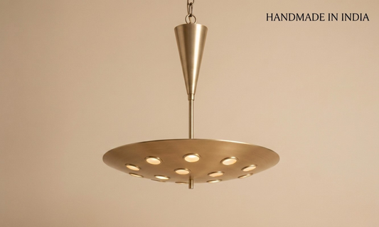 Handmade 1950s Mid-Century Modern Cream Cosmic Pendant Light – Cutout Disc Chandelier, Rusted Brass Flush Mount Duo Regolith Style Ceiling