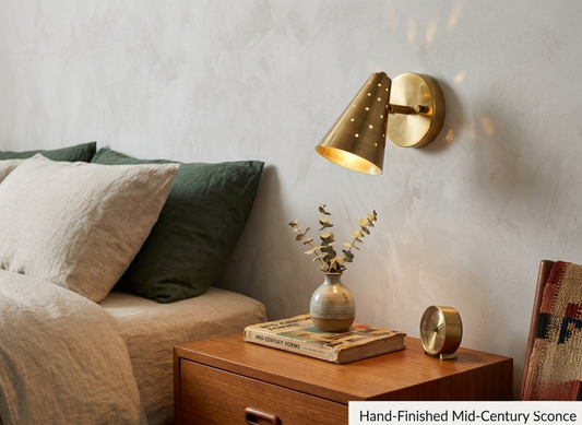 Vintage Raw Brass Cone Wall Sconce: Mid-Century Modern Perforated Lamp For Bedroom, Living room & Office