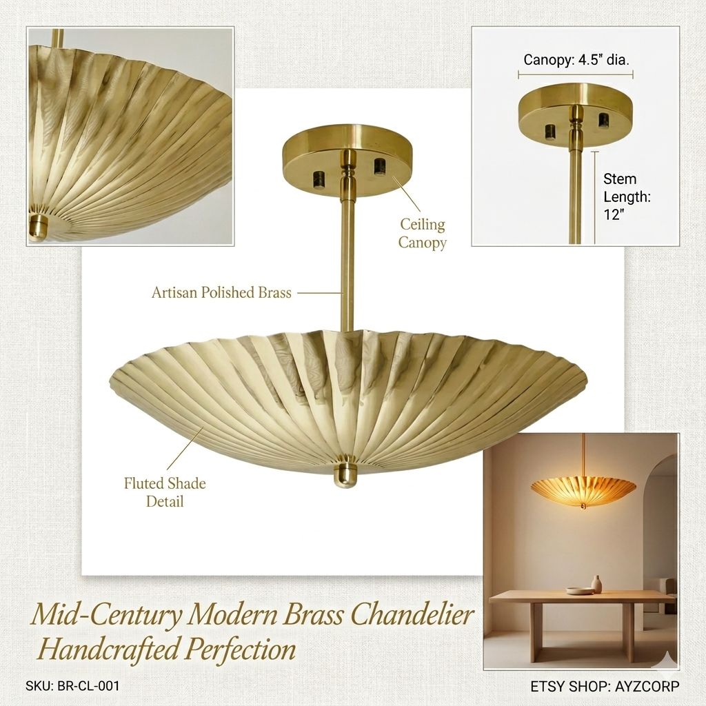 Mid Century Ceiling Light Fixture Pendant 6 Light Flush Mount Raw Brass Handmade Premium Quality Sputnik Chandelier Light Fixture