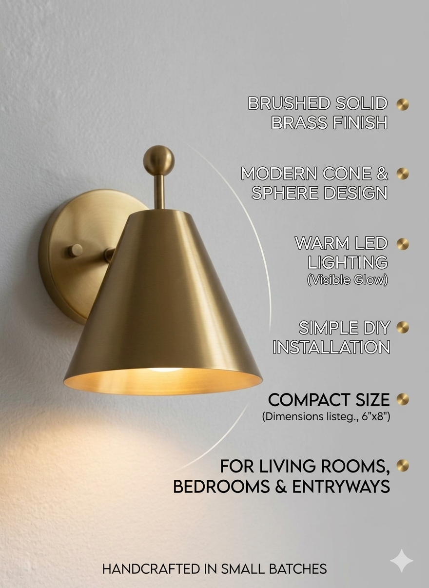 Mid-Century Brushed Brass Wall Sconce: Modern Cone Light For Home Decor & Office