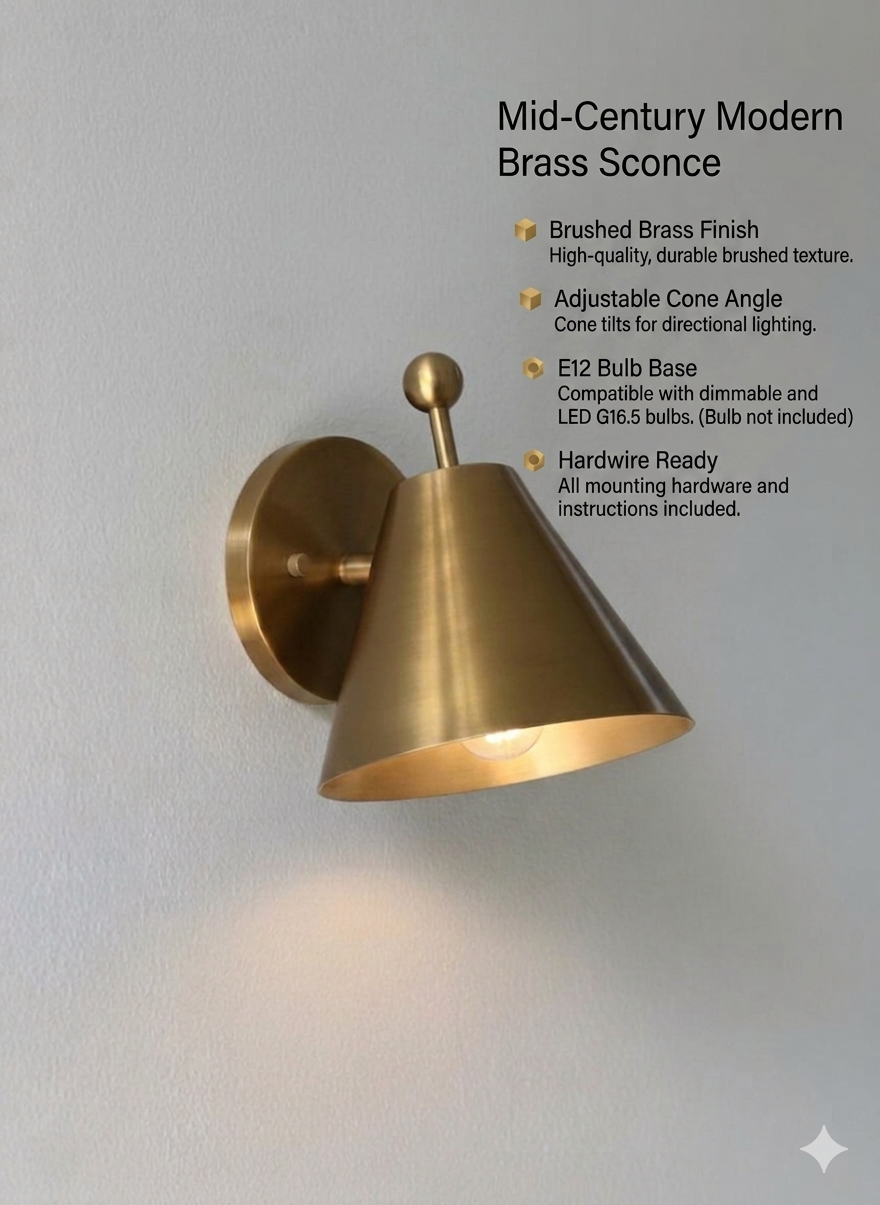 Mid-Century Brushed Brass Wall Sconce: Modern Cone Light For Home Decor & Office