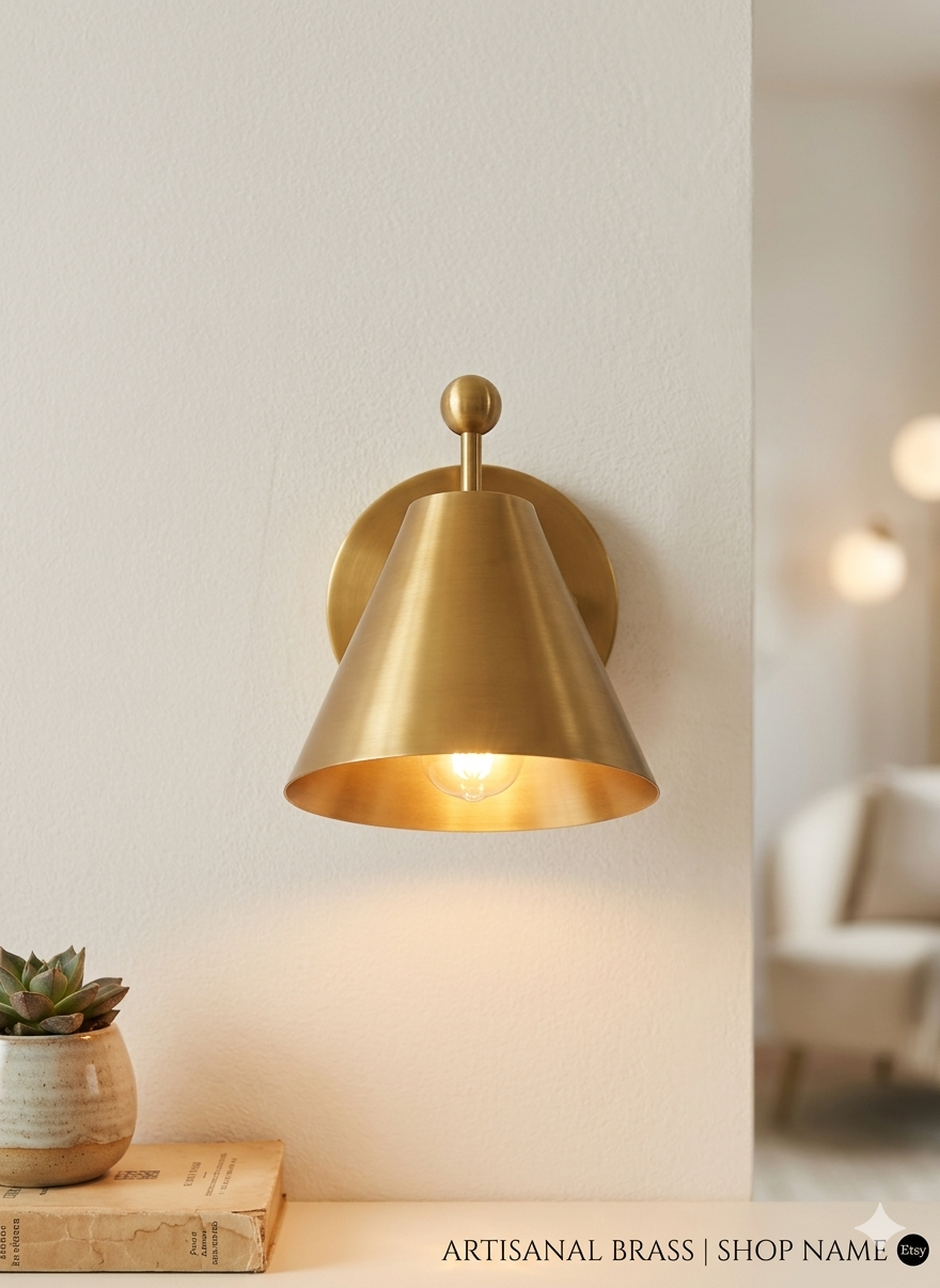 Mid-Century Brushed Brass Wall Sconce: Modern Cone Light For Home Decor & Office