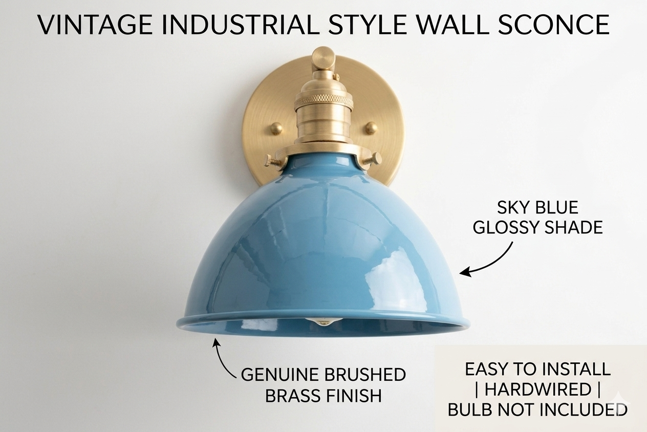1950's Mid Century Italian Brass Diabolo Sconce, Sky Blue Finish Lamp