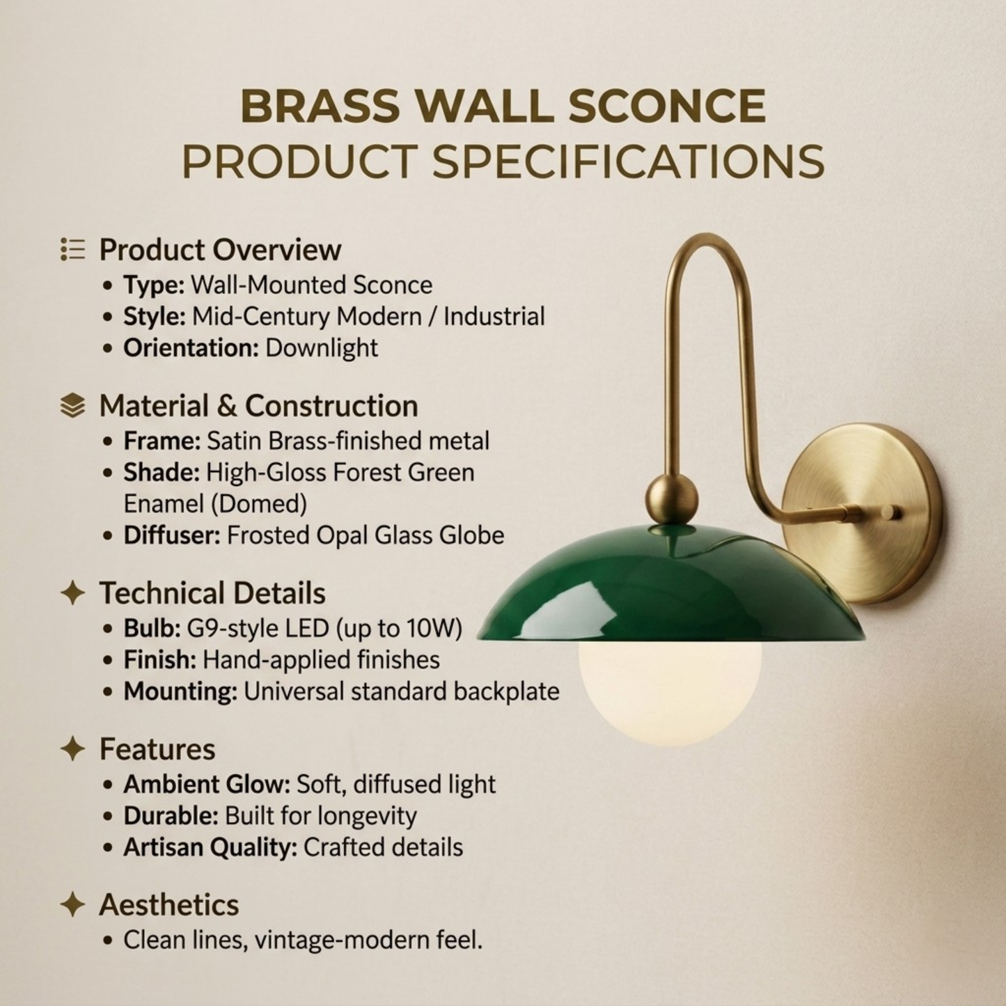 1950's Mid Century Italian Brass Diabolo Sconce, Green Finish Lamp