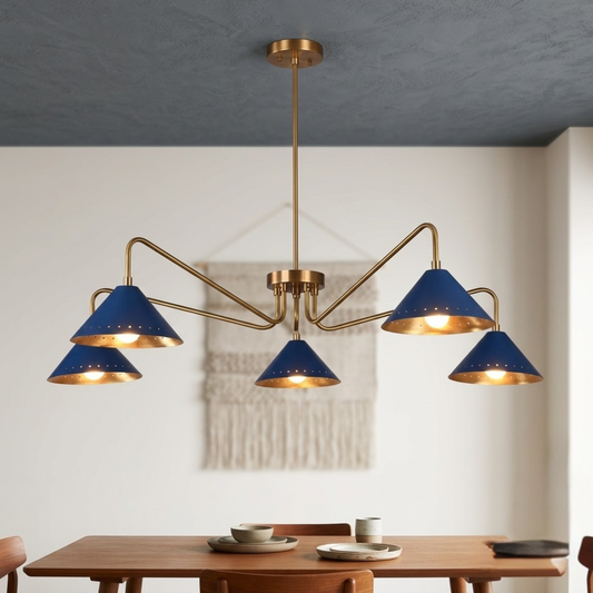 Handmade Mid-Century Modern Brass Chandelier | Cone Shade Pendant Light