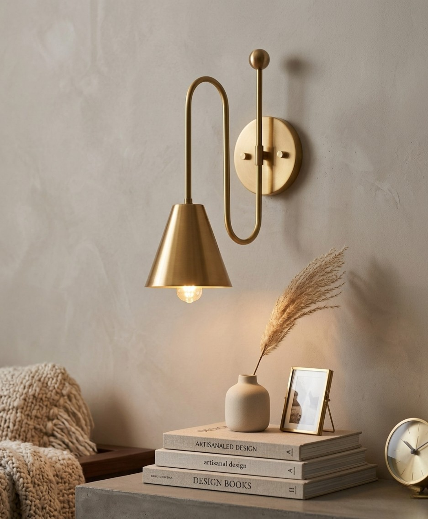 1950's Mid Century Italian Brass Diabolo Sconce, Raw Brass Finish Lamp