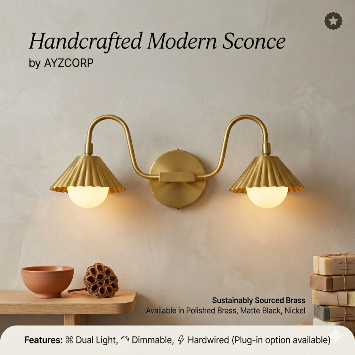 Modern Minimalist Double Arm Brass Wall Sconce – Elegant Dual Light Fixture