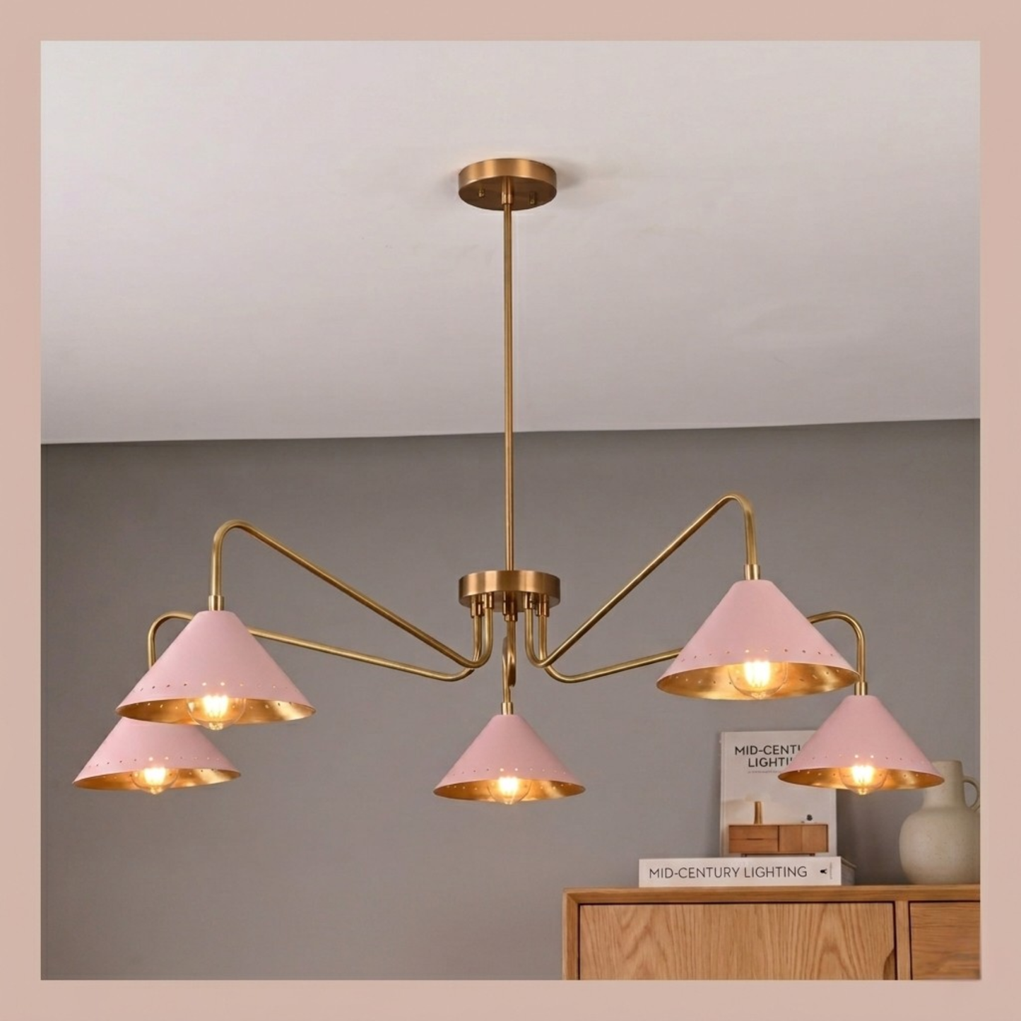 Handmade Mid-Century Modern Brass Chandelier | Cone Shade Pendant Light