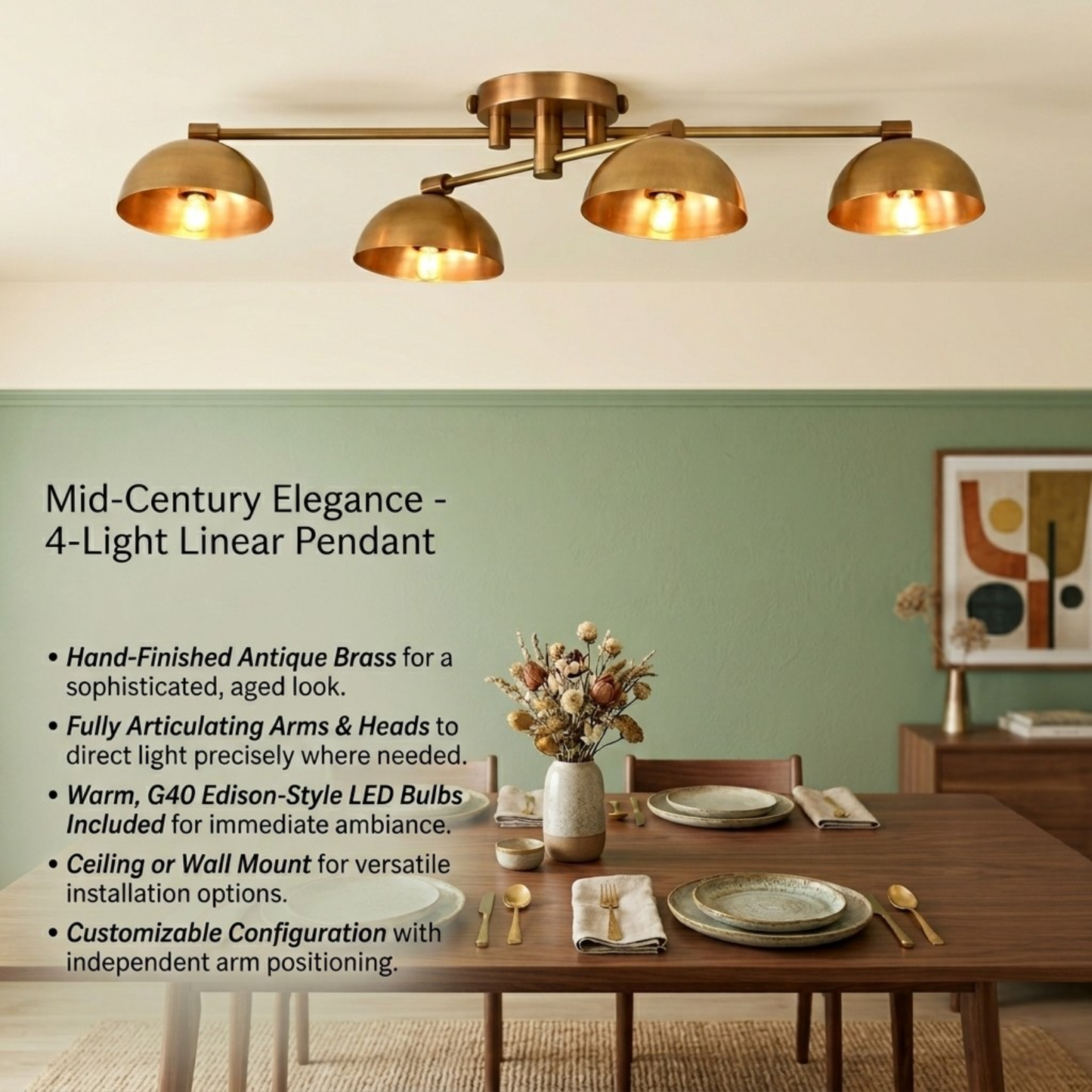 Handmade Mid-Century Modern Brass Chandelier | Cone Shade Pendant Light