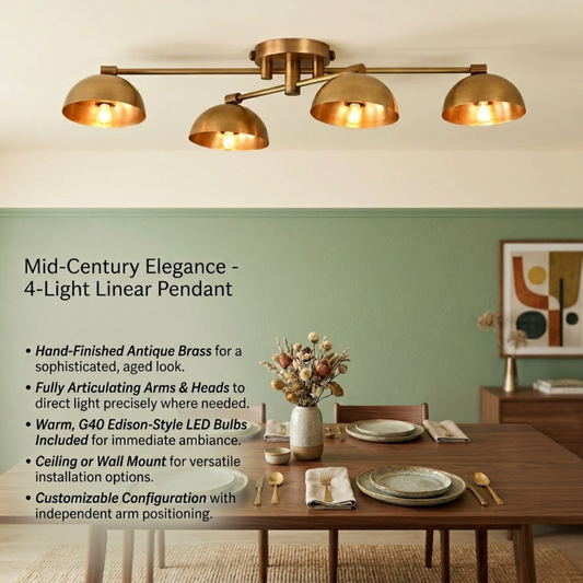 Handmade Mid-Century Modern Brass Chandelier | Cone Shade Pendant Light