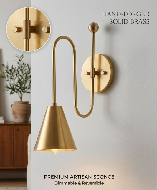 1950's Mid Century Italian Brass Diabolo Sconce, Raw Brass Finish Lamp