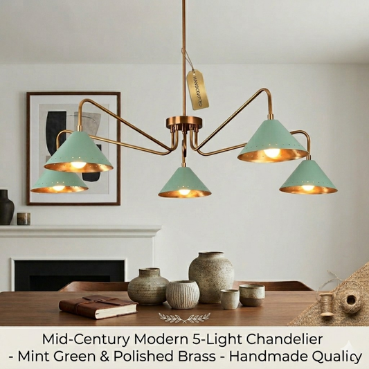 Handmade Mid-Century Modern Brass Chandelier | Cone Shade Pendant Light