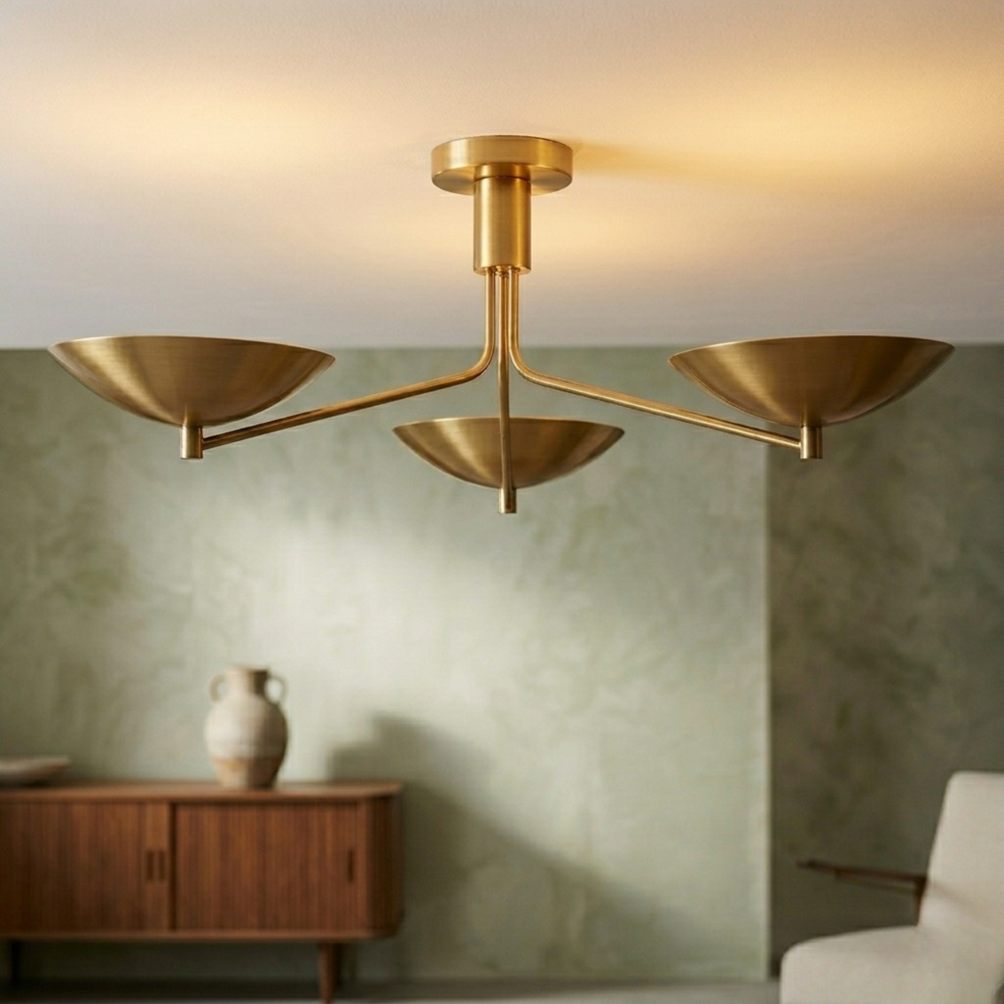 Three-Light Brass Sputnik Flush Mount | Mid-Century Modern Stilnovo Lighting Fixture