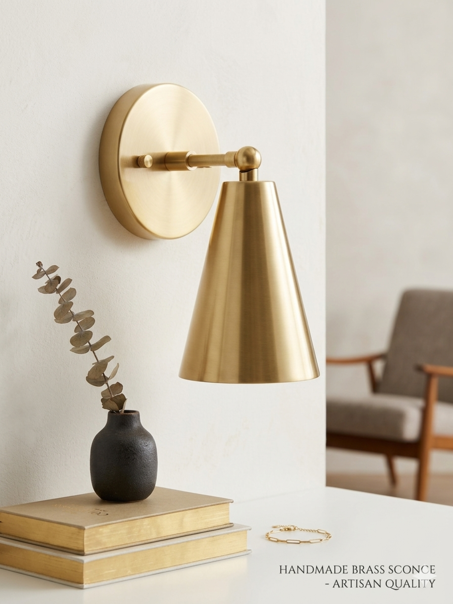 1 Light Raw brass Wall Sconce Light | Wall Sconces Lamp | Mid Century Modern Raw Brass Italian Wall Scone | Cone Wall Sconce Light