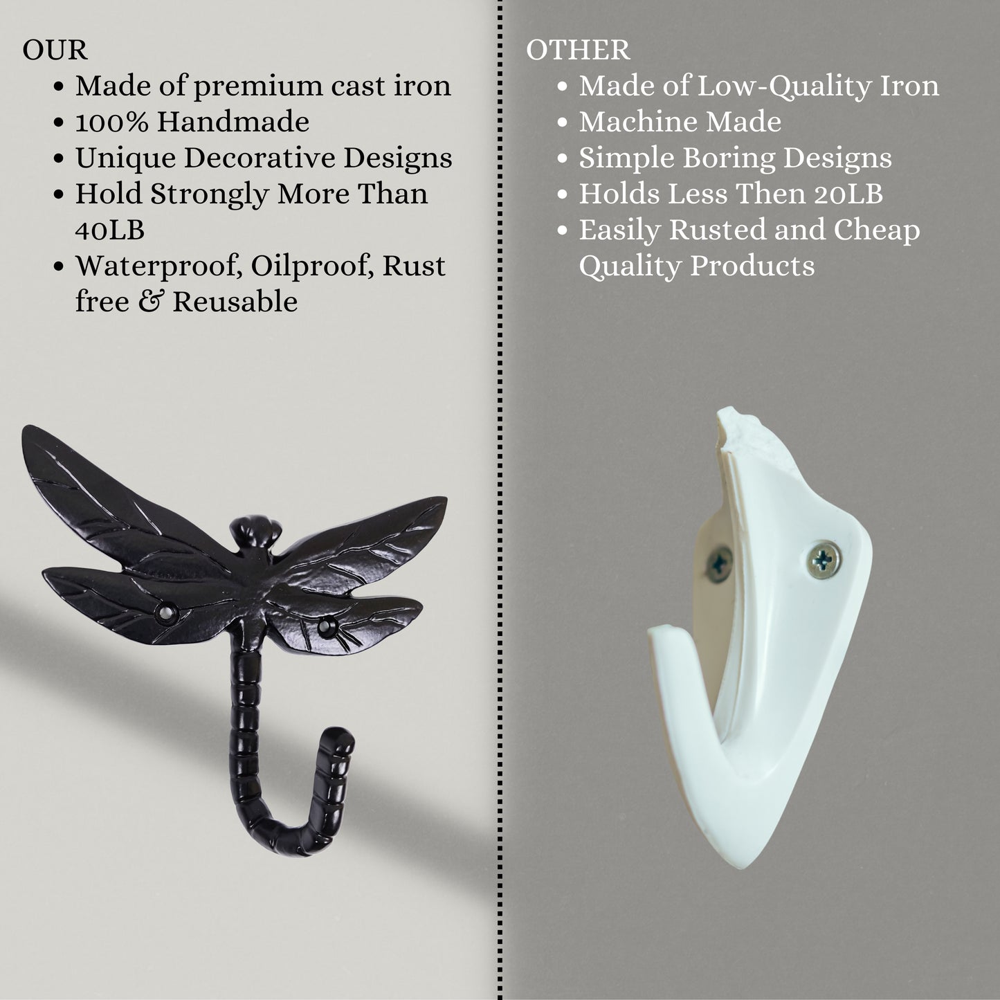 AYZCORP Set of 3 Cast Iron Dragonfly Shape Coat Hooks Wall Art Decor-Dragonfly Shape Hangers and Key Holder-Clothes Rack and Backpack Hanger-Coat Hooks Home Decor for Storage,Living Room