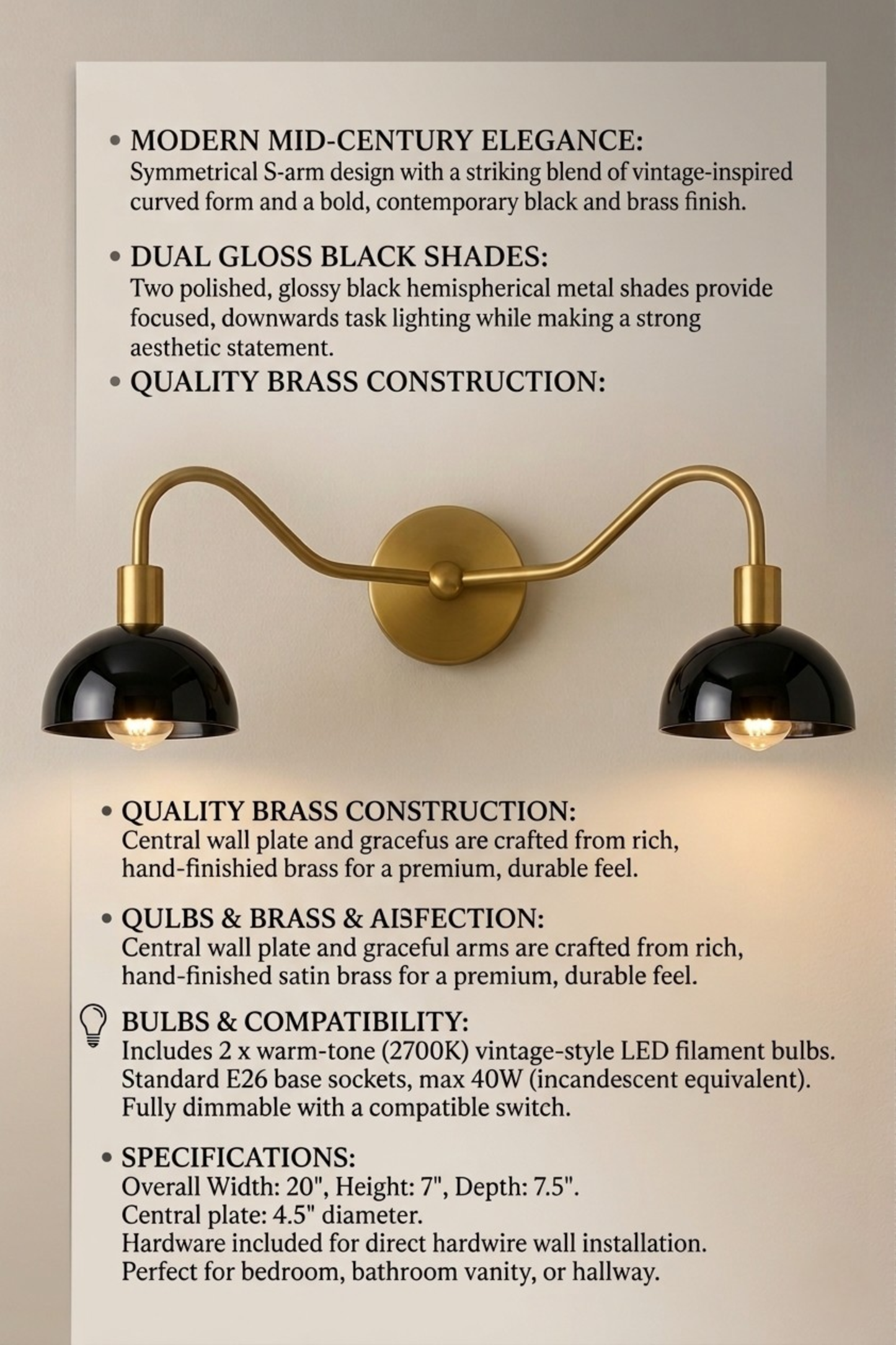Modern Minimalist Double Arm Brass Wall Sconce – Elegant Dual Light Fixture