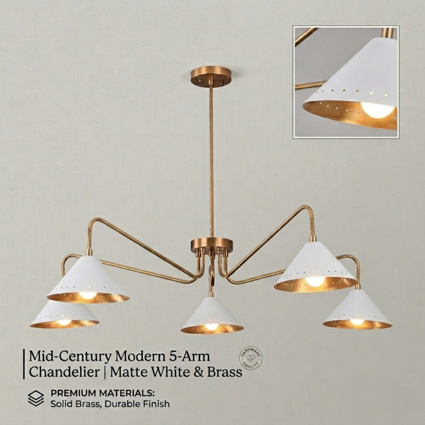 Handmade Mid-Century Modern Brass Chandelier | Cone Shade Pendant Light