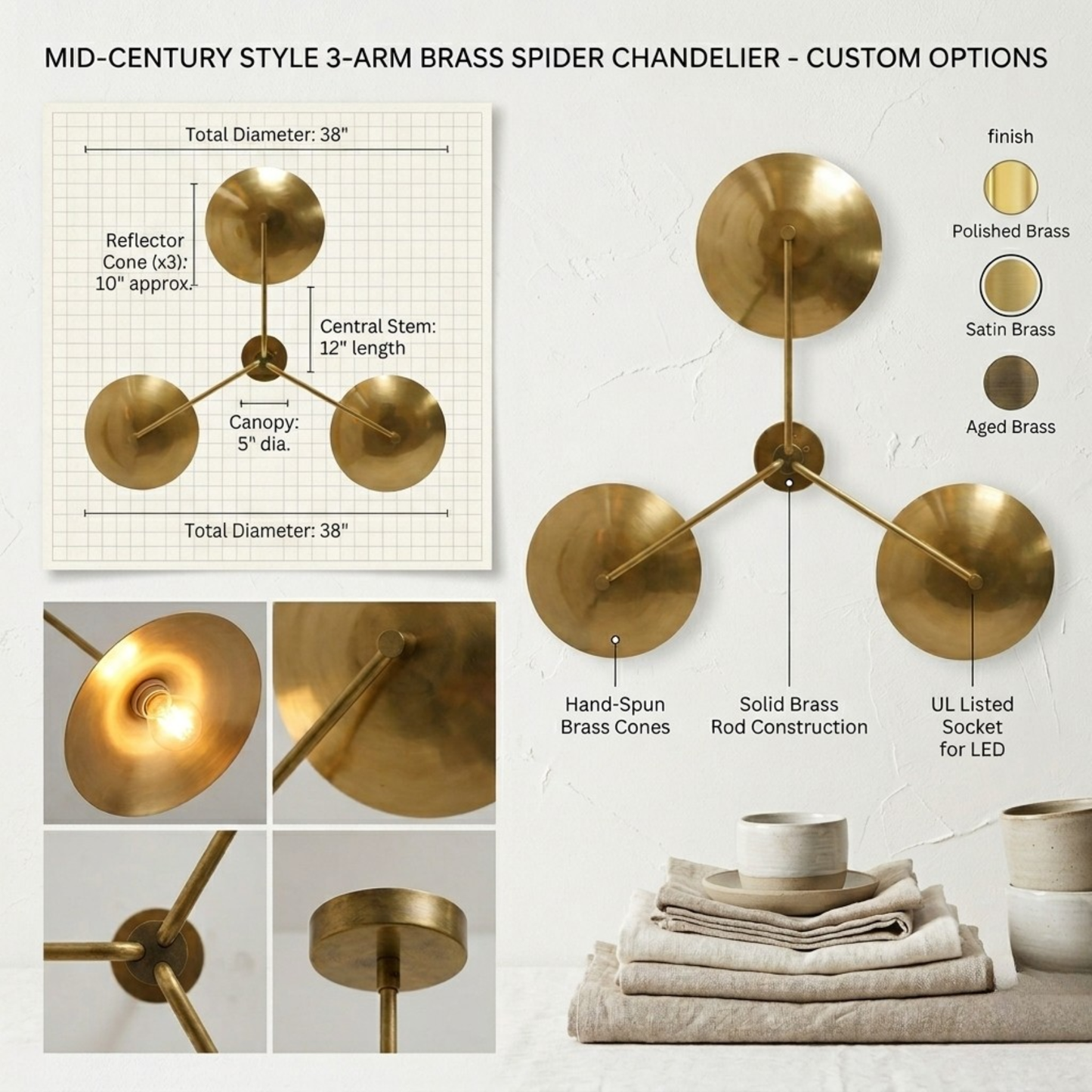 Three-Light Brass Sputnik Flush Mount | Mid-Century Modern Stilnovo Lighting Fixture