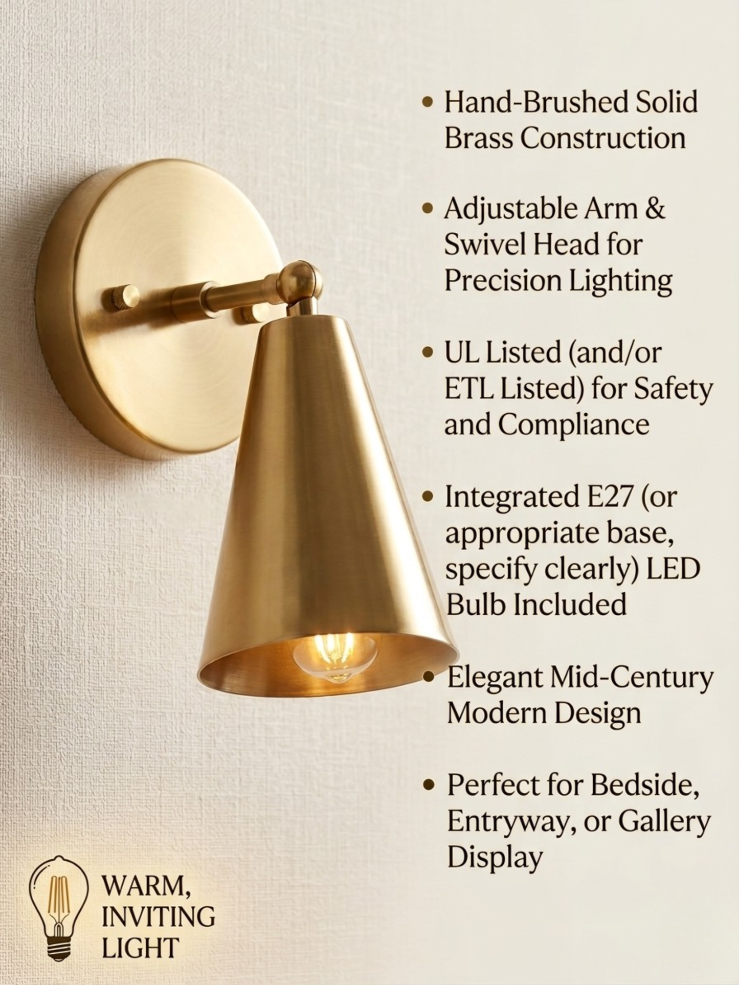 1 Light Raw brass Wall Sconce Light | Wall Sconces Lamp | Mid Century Modern Raw Brass Italian Wall Scone | Cone Wall Sconce Light