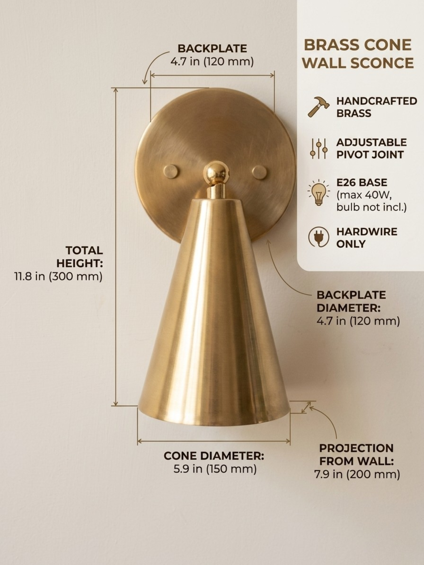 1 Light Raw brass Wall Sconce Light | Wall Sconces Lamp | Mid Century Modern Raw Brass Italian Wall Scone | Cone Wall Sconce Light