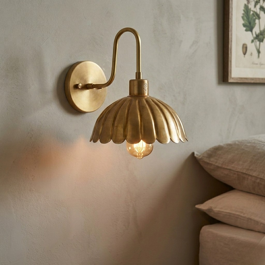 Handcrafted Brass Wall Sconce: Scalloped Shade, Minimalist Design, Luxury Lighting Fixture