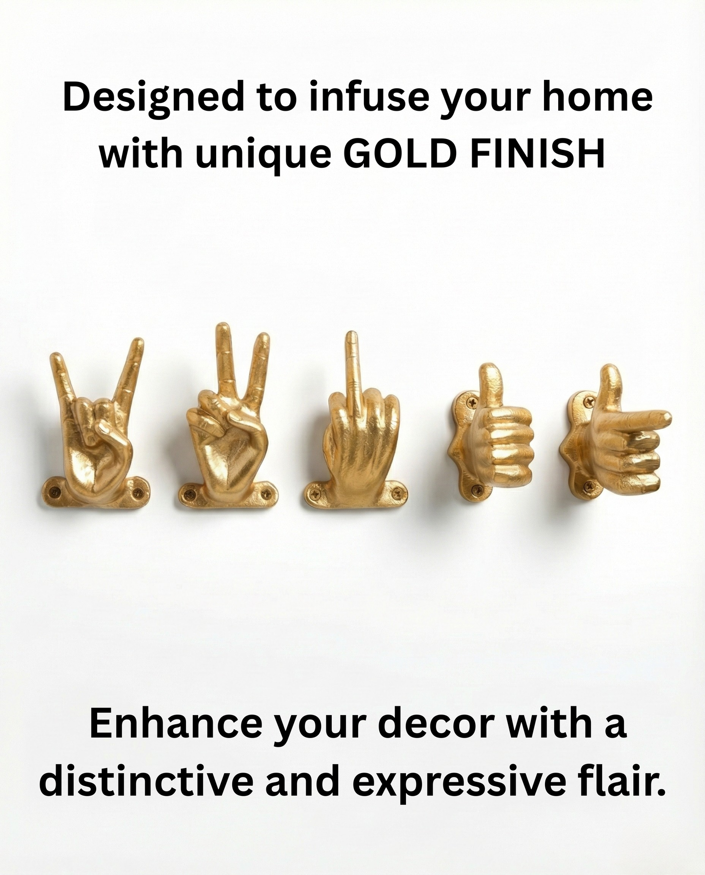 Set of 5 Gold Hand Gesture Wall Hooks - Funny Decorative Coat Hooks, Jewelry Hangers, Unique Home Decor