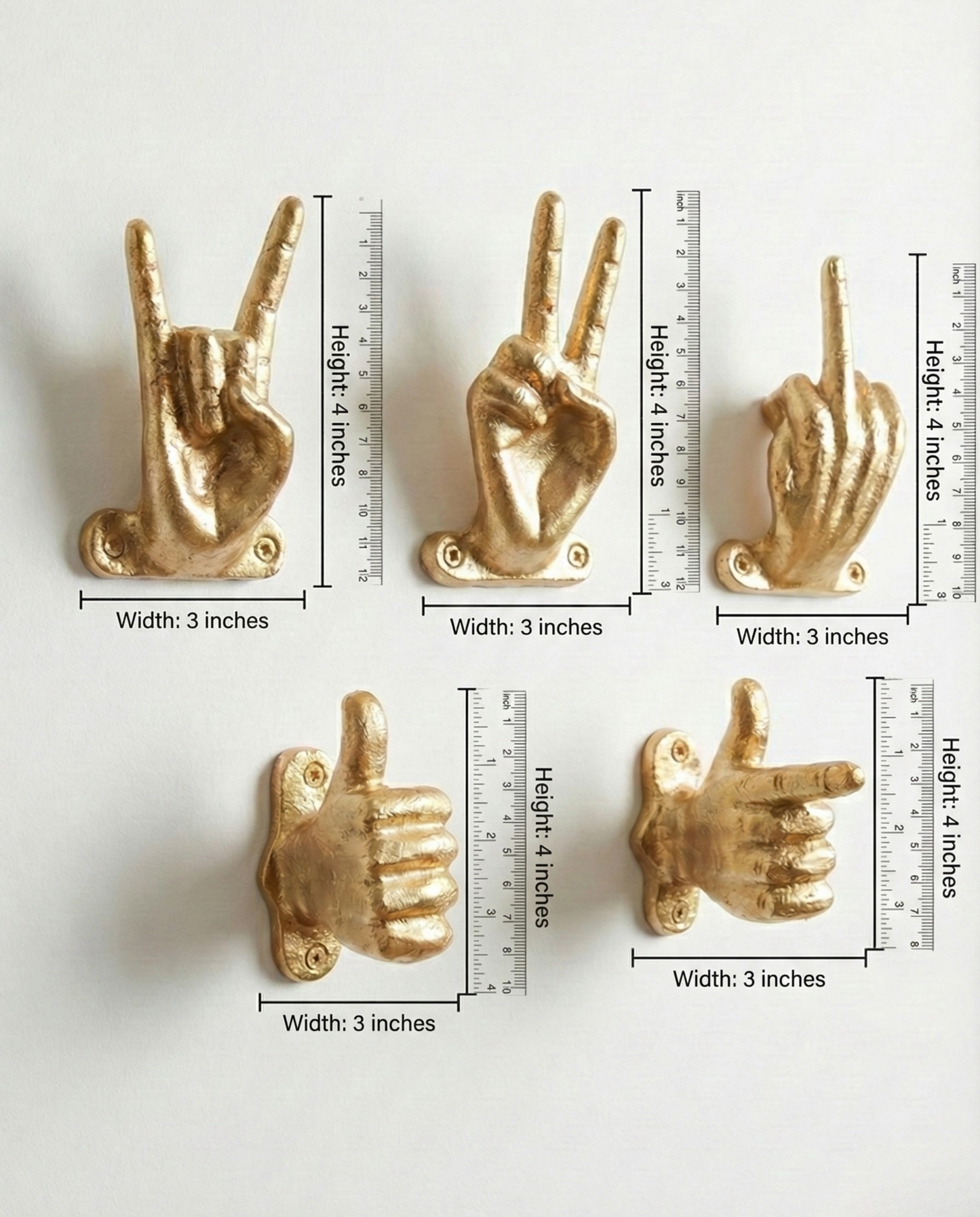 Set of 5 Gold Hand Gesture Wall Hooks - Funny Decorative Coat Hooks, Jewelry Hangers, Unique Home Decor