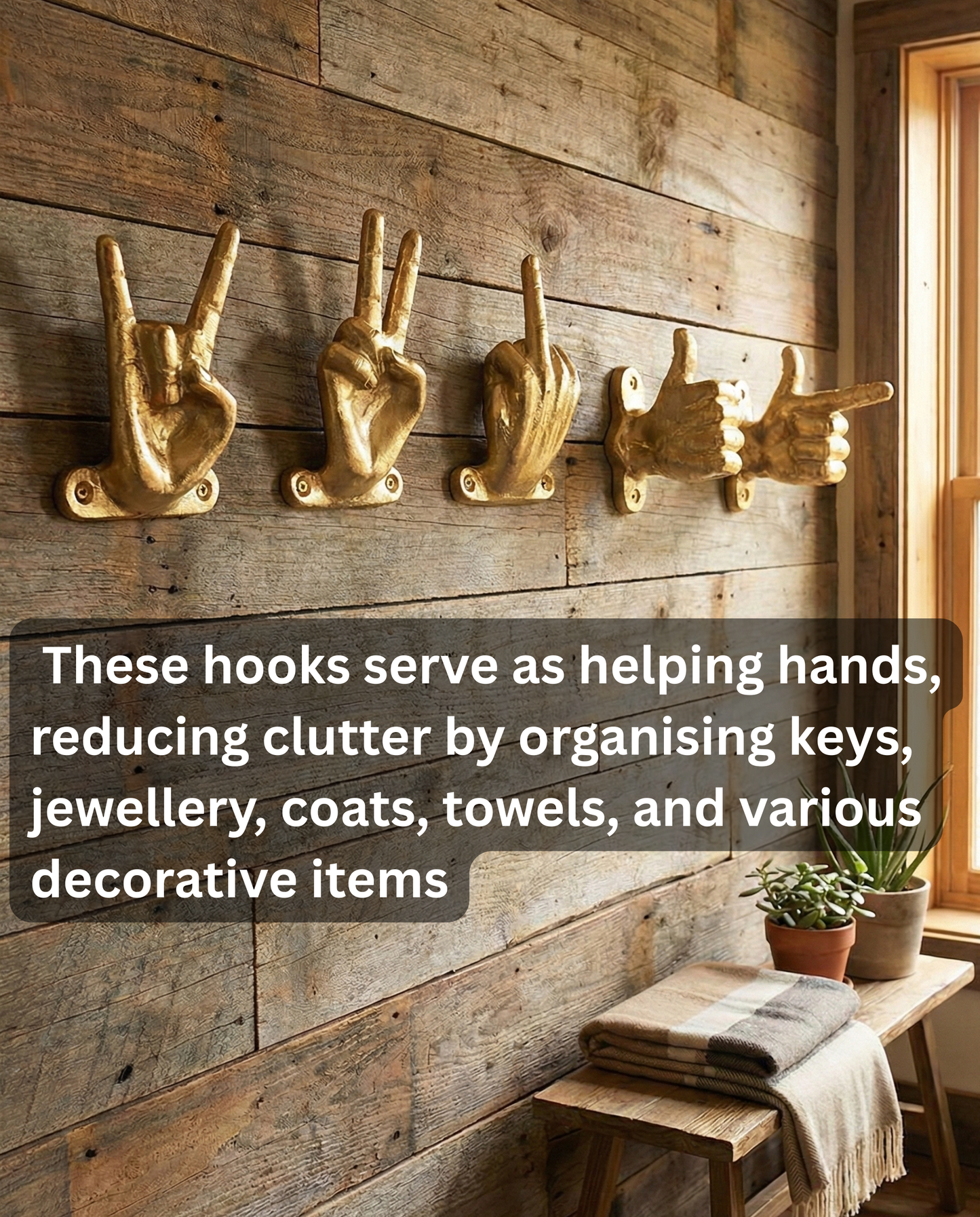 Set of 5 Gold Hand Gesture Wall Hooks - Funny Decorative Coat Hooks, Jewelry Hangers, Unique Home Decor