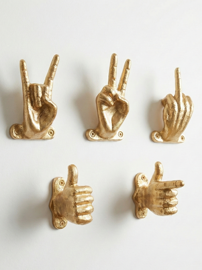 Set of 5 Gold Hand Gesture Wall Hooks - Funny Decorative Coat Hooks, Jewelry Hangers, Unique Home Decor