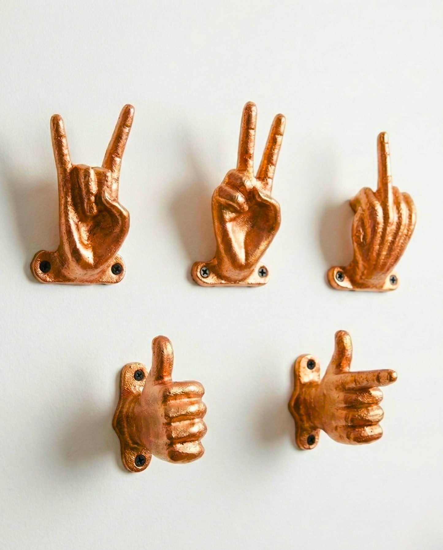 Set of 5 Gold Hand Gesture Wall Hooks - Funny Decorative Coat Hooks, Jewelry Hangers, Unique Home Decor
