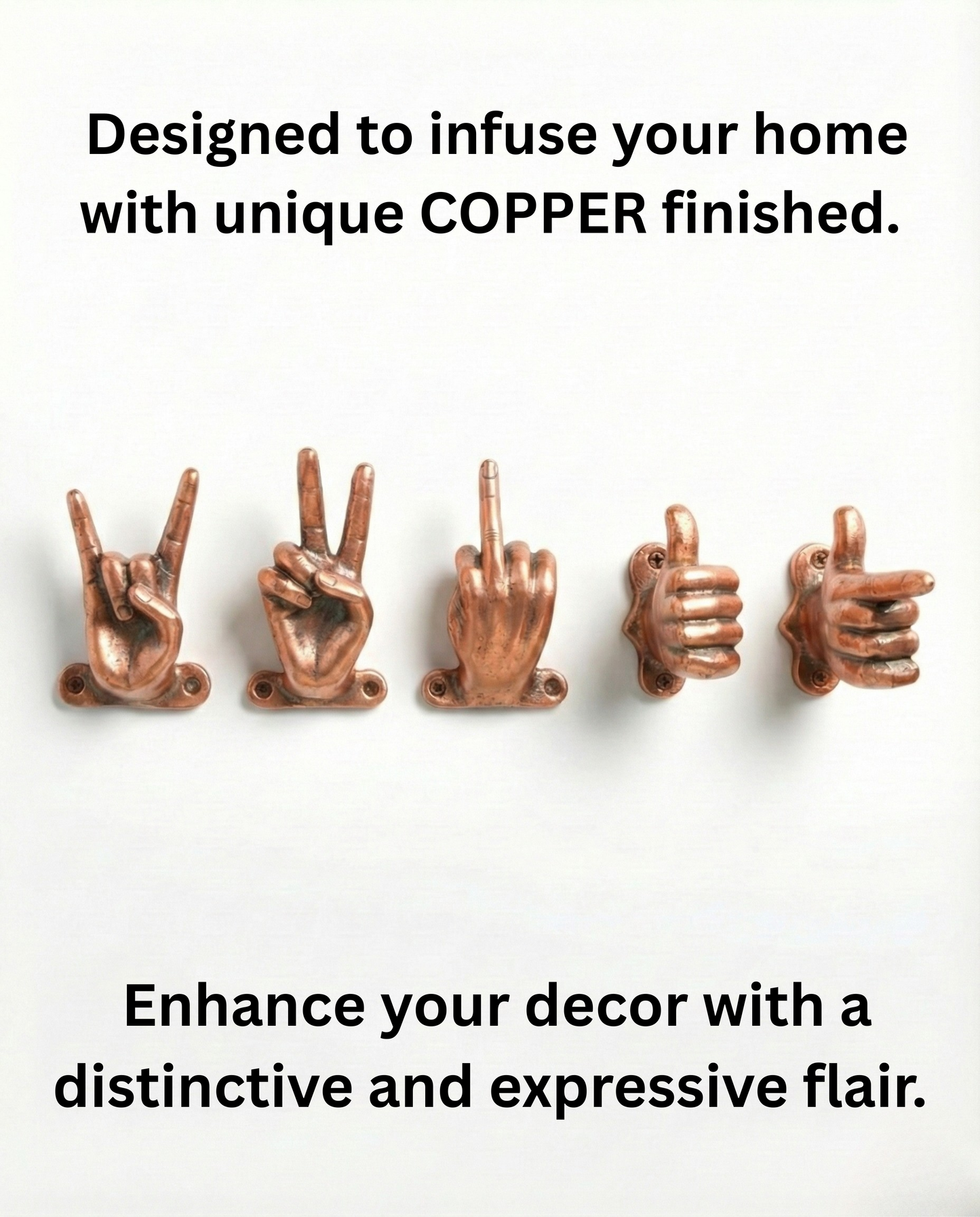Set of 5 Gold Hand Gesture Wall Hooks - Funny Decorative Coat Hooks, Jewelry Hangers, Unique Home Decor