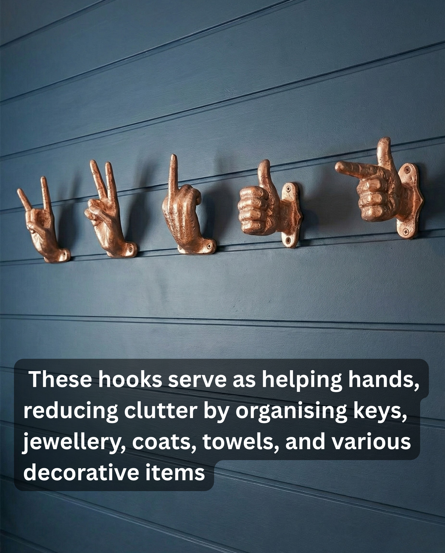 Set of 5 Gold Hand Gesture Wall Hooks - Funny Decorative Coat Hooks, Jewelry Hangers, Unique Home Decor