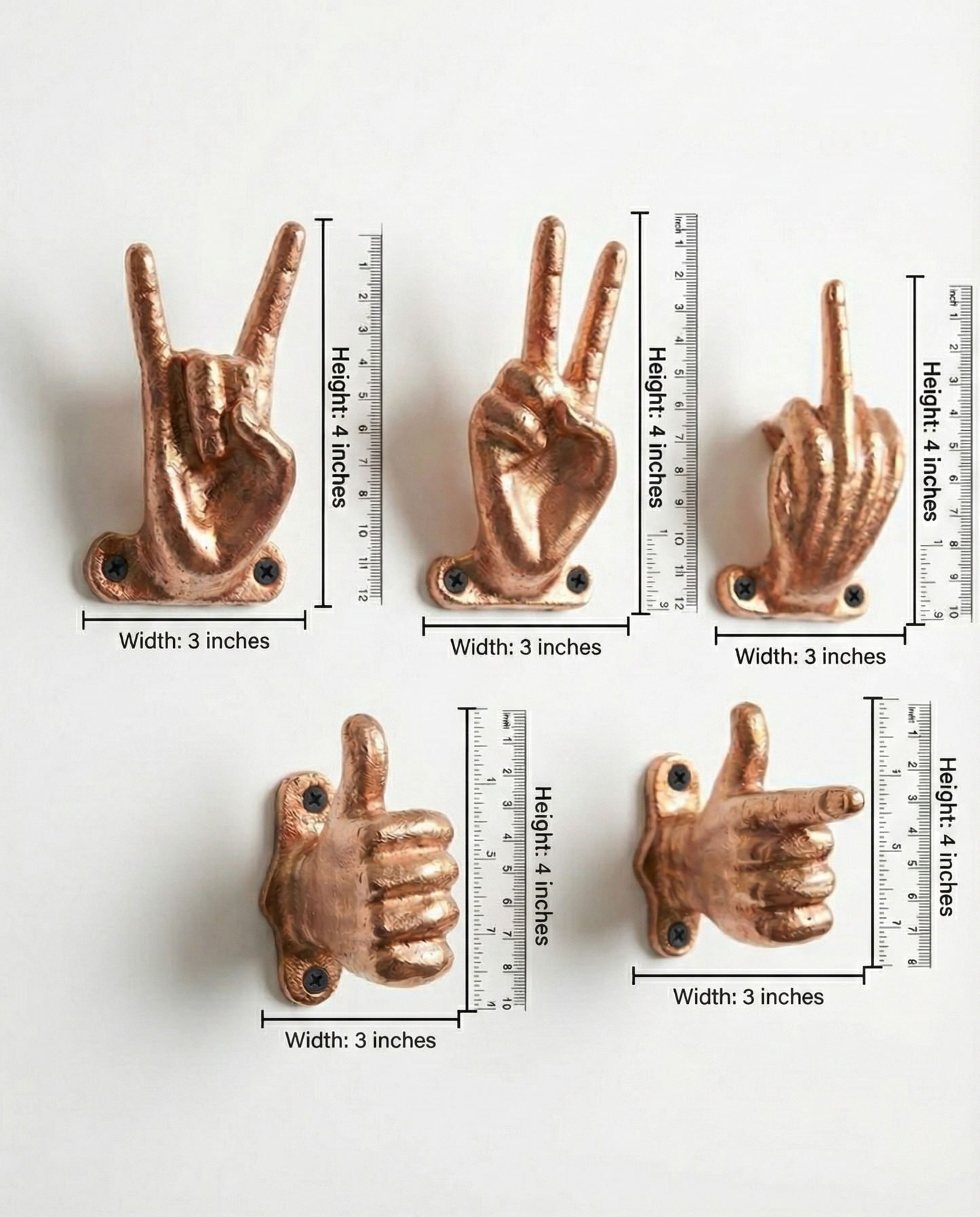 Set of 5 Gold Hand Gesture Wall Hooks - Funny Decorative Coat Hooks, Jewelry Hangers, Unique Home Decor