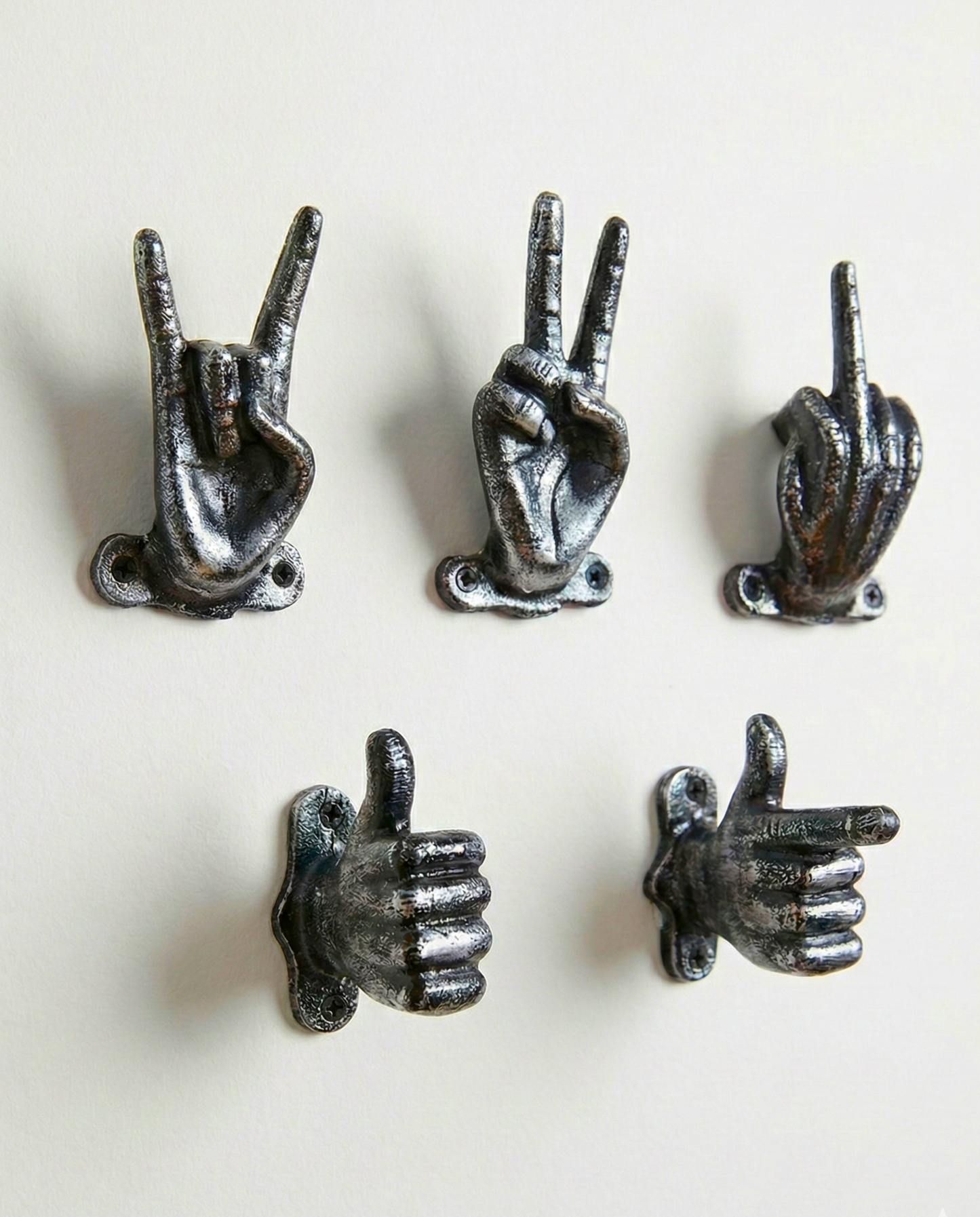 Set of 5 Gold Hand Gesture Wall Hooks - Funny Decorative Coat Hooks, Jewelry Hangers, Unique Home Decor