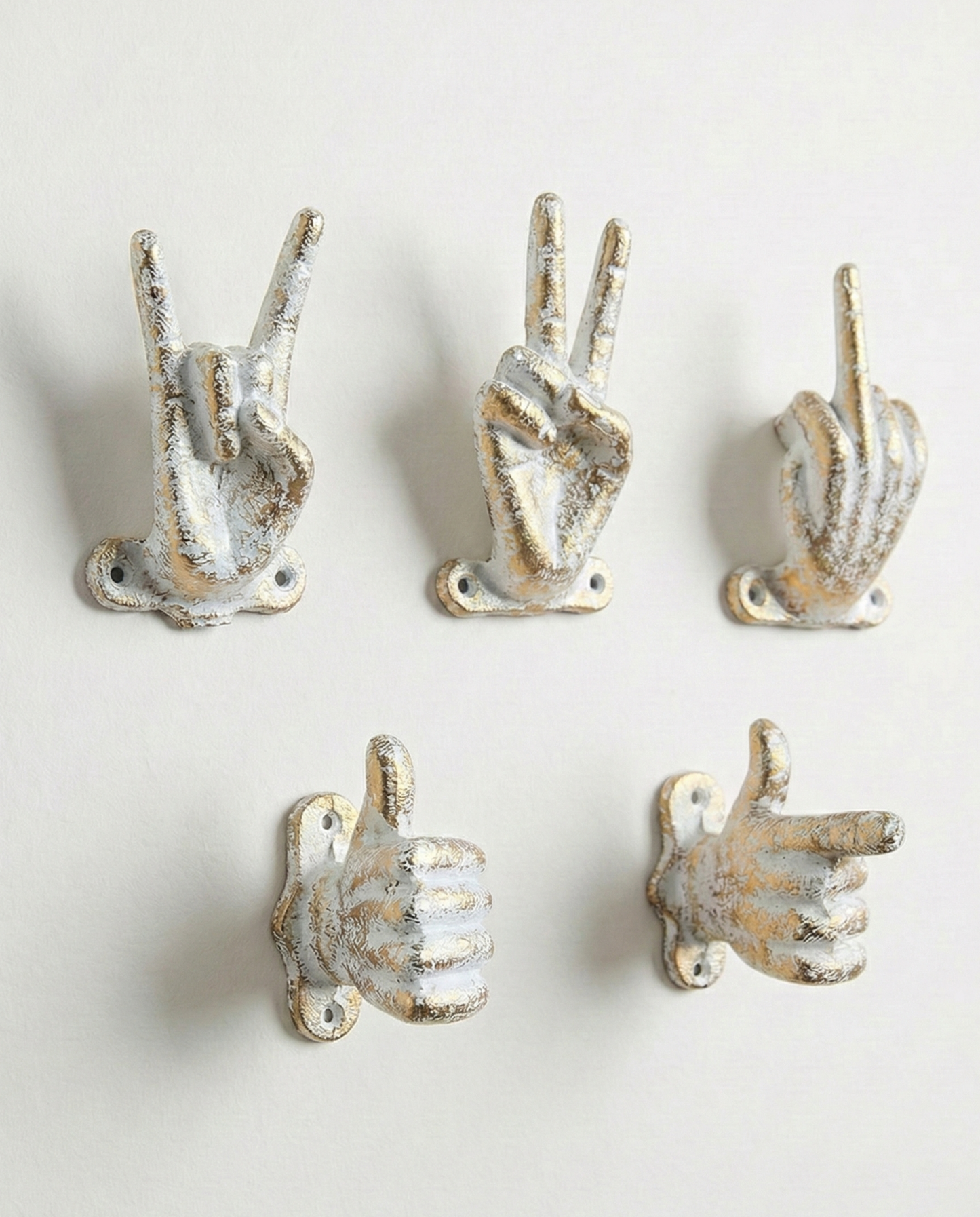 Set of 5 Gold Hand Gesture Wall Hooks - Funny Decorative Coat Hooks, Jewelry Hangers, Unique Home Decor