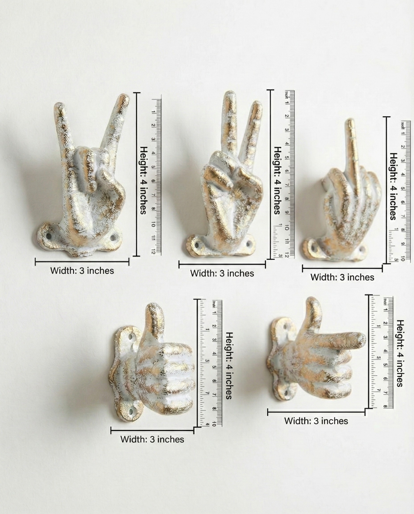 Set of 5 Gold Hand Gesture Wall Hooks - Funny Decorative Coat Hooks, Jewelry Hangers, Unique Home Decor