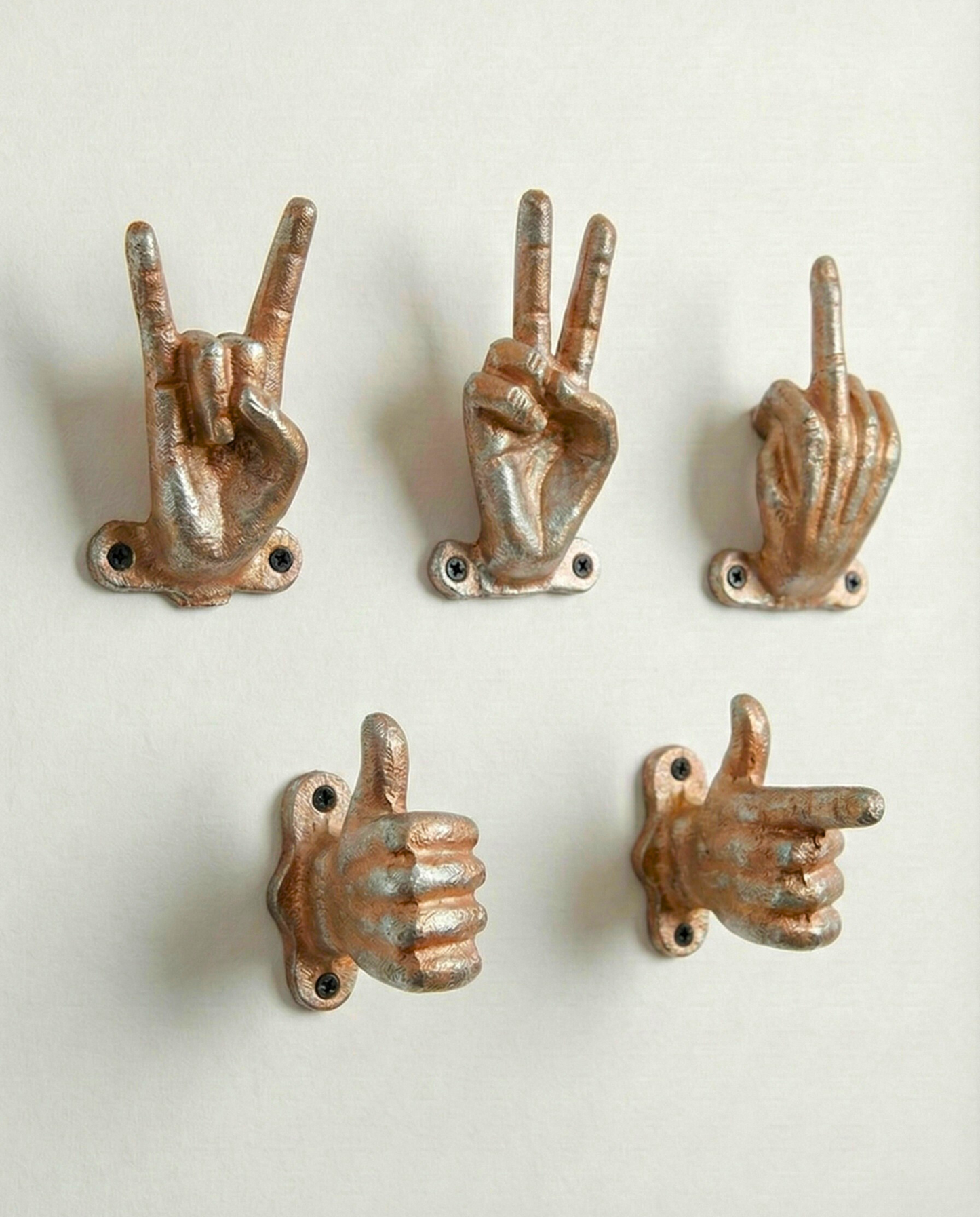Set of 5 Gold Hand Gesture Wall Hooks - Funny Decorative Coat Hooks, Jewelry Hangers, Unique Home Decor