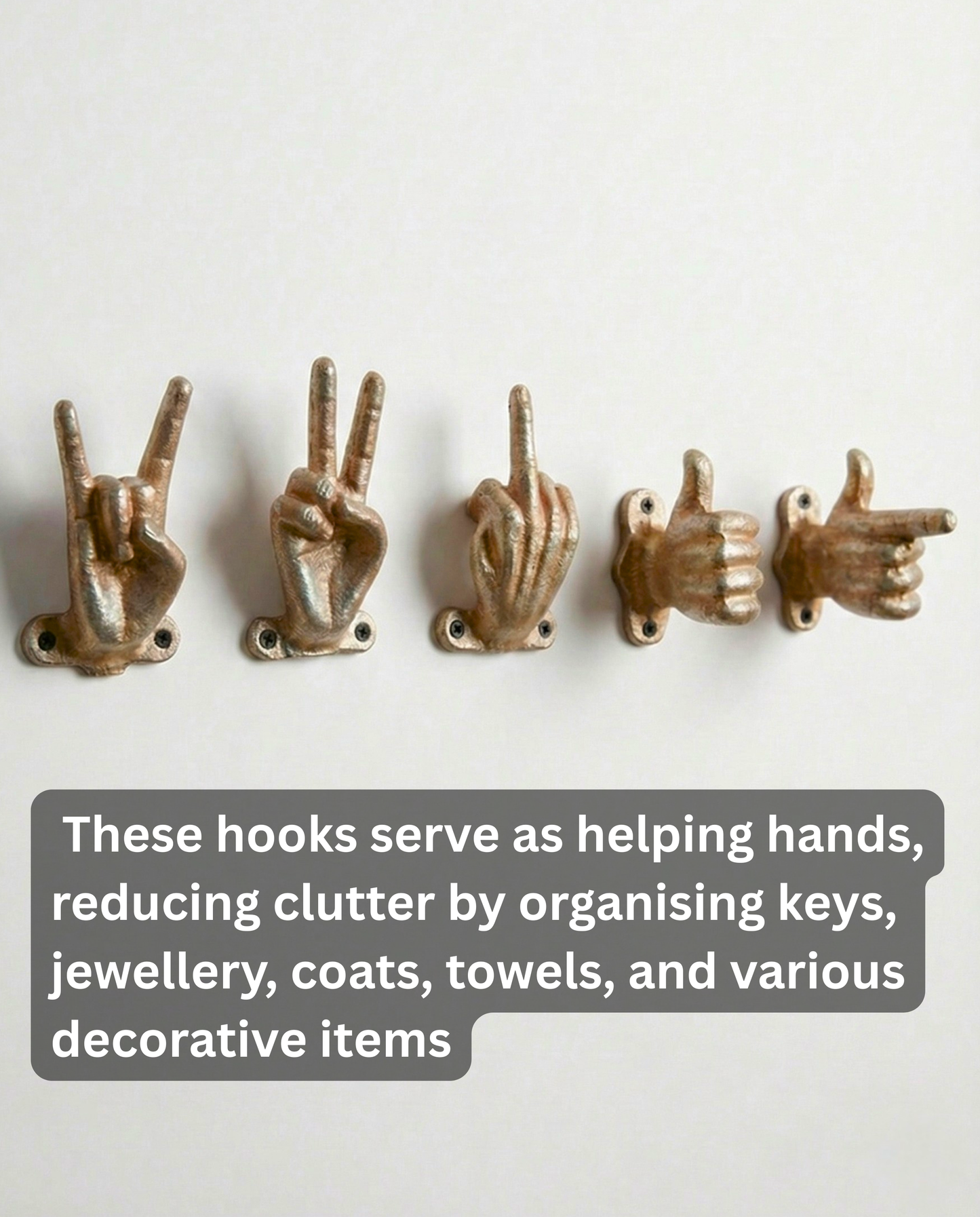 Set of 5 Gold Hand Gesture Wall Hooks - Funny Decorative Coat Hooks, Jewelry Hangers, Unique Home Decor