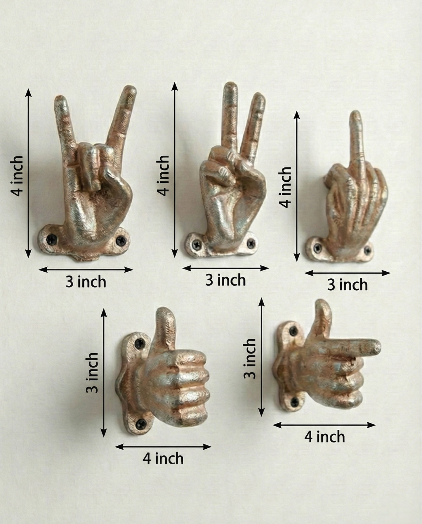 Set of 5 Gold Hand Gesture Wall Hooks - Funny Decorative Coat Hooks, Jewelry Hangers, Unique Home Decor