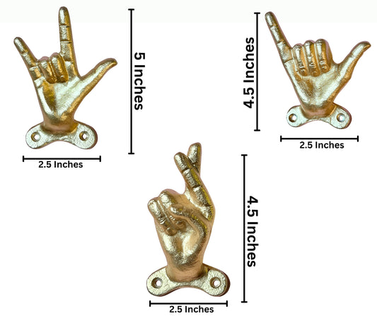 Set of 3 Hand Gesture Decorative Wall Hooks, 4 Inches High-Hang Loose-Rock On-Cross Fingers Gestures. Unique Stylish Key or Towel Hangers Backpack Hanger-Coat Hooks Home Decor for Storage