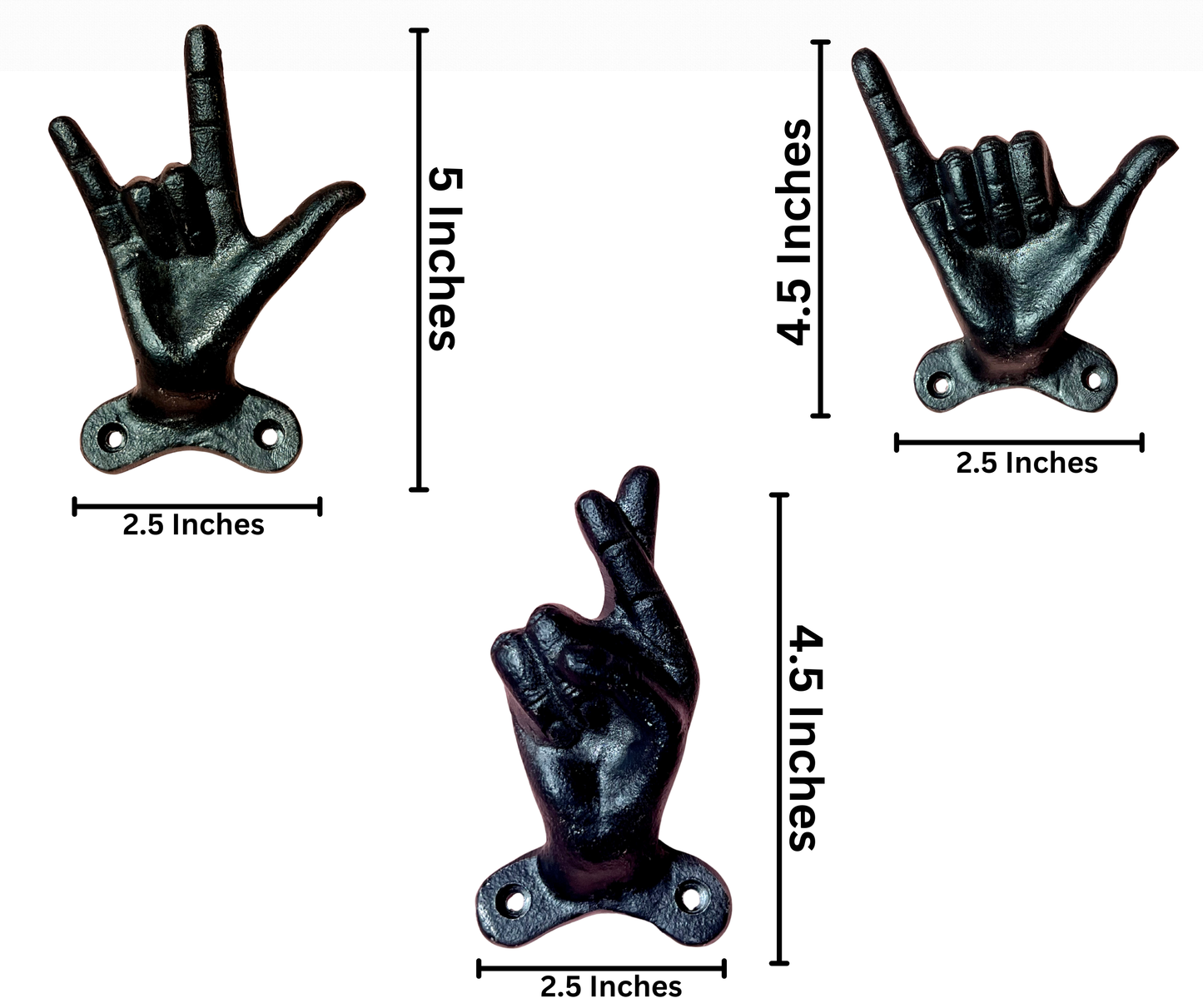 Set of 3 Hand Gesture Decorative Wall Hooks, 4 Inches High-Hang Loose-Rock On-Cross Fingers Gestures. Unique Stylish Key or Towel Hangers Backpack Hanger-Coat Hooks Home Decor for Storage