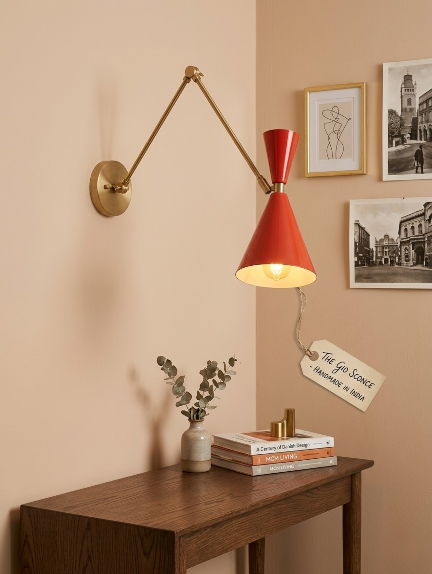 1950's Mid Century Italian Brass Diabolo Sconce, Orange Finish Lamp