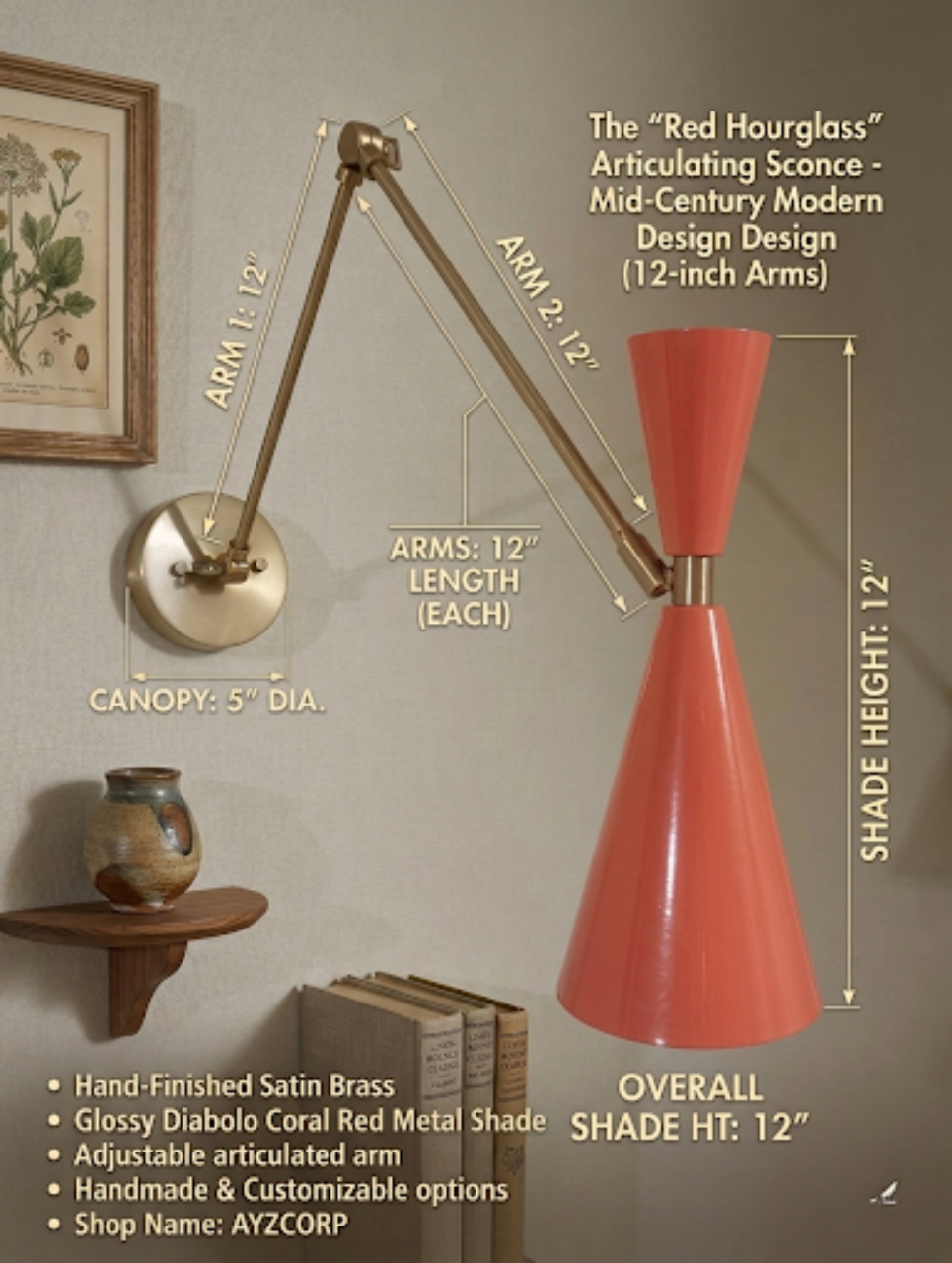 1950's Mid Century Italian Brass Diabolo Sconce, Orange Finish Lamp