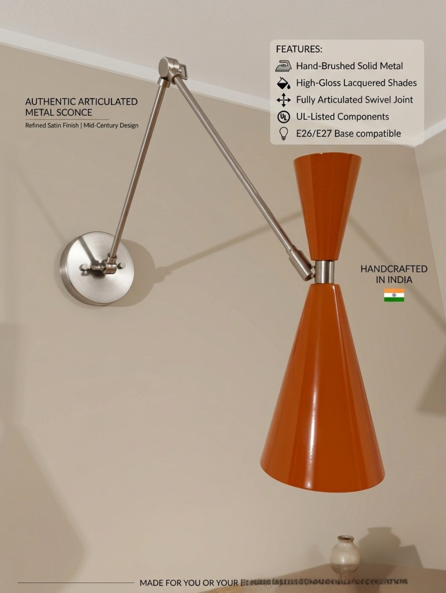 1950's Mid Century Italian Brass Diabolo Sconce, Orange Finish Lamp