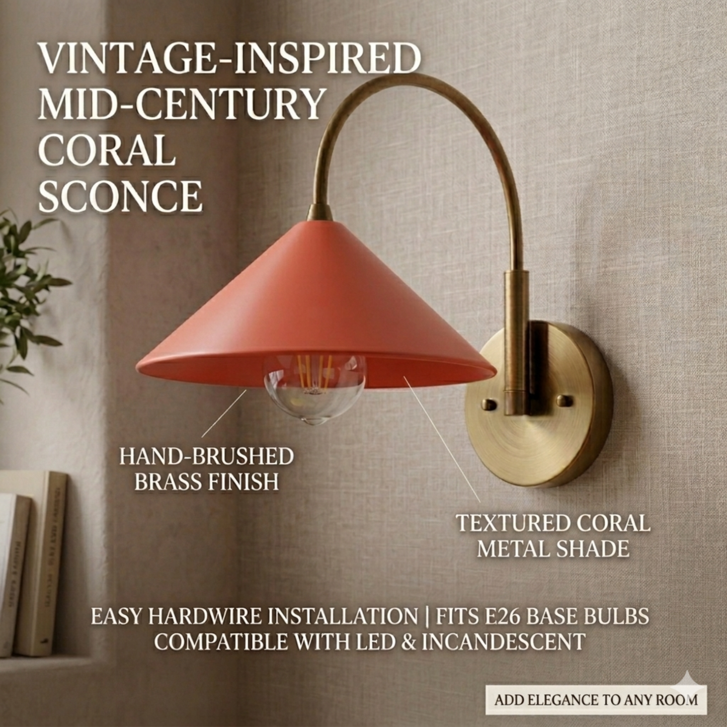 1950's Mid Century Italian Brass Diabolo Sconce, CORAL-RED Finish Lamp