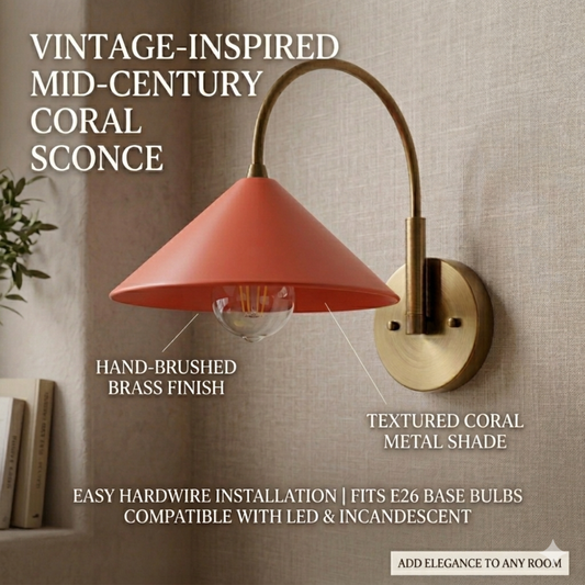 1950's Mid Century Italian Brass Diabolo Sconce, CORAL-RED Finish Lamp